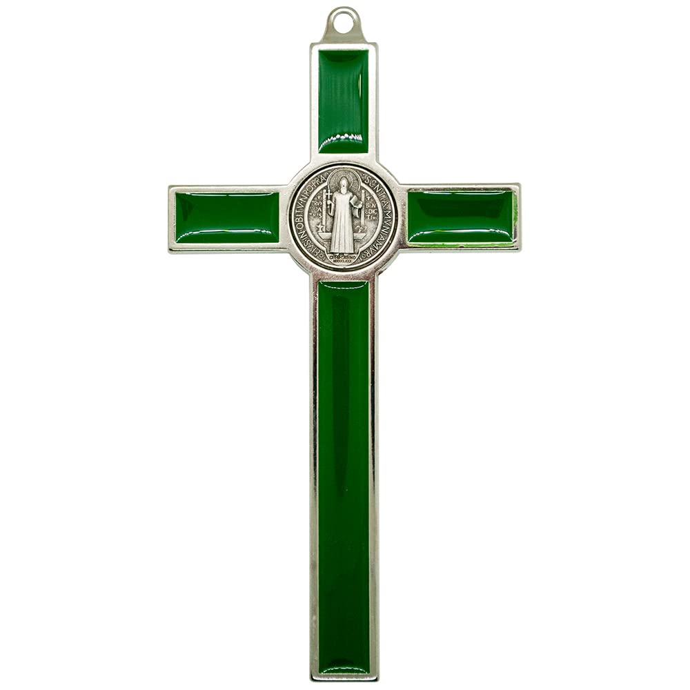 Saint Benedict Medal Crucifix | Ready to Hang on Wall | Patron Saint of Students and Europe | Great Catholic Gift for Baptism, First Holy Communion, and Confirmation | Christian Home Décor (Green)