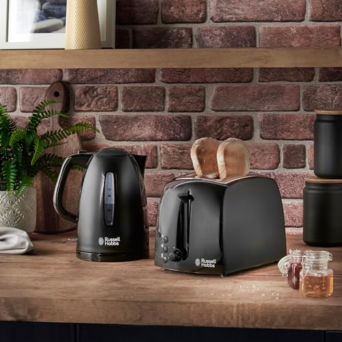 Russell Hobbs Textures 2 Slice Toaster (Extra Wide Slots, 6 Browning levels, Frozen, cancel & reheat function with indicator lights, Removable crumb tray, 850W, Black matt & high gloss finish) 21641