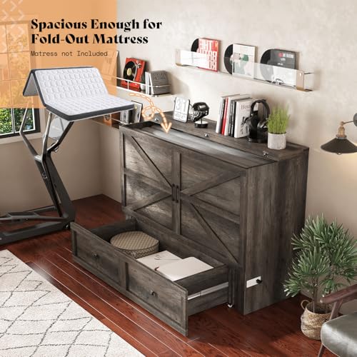 Image of AMERLIFE Queen Murphy Bed with Storage & Charging Station, Farmhouse Murphy Cabinet with Foldable Panel, Noisy Free, for Living Room, Guest Bedroom, Office, Rustic Grey