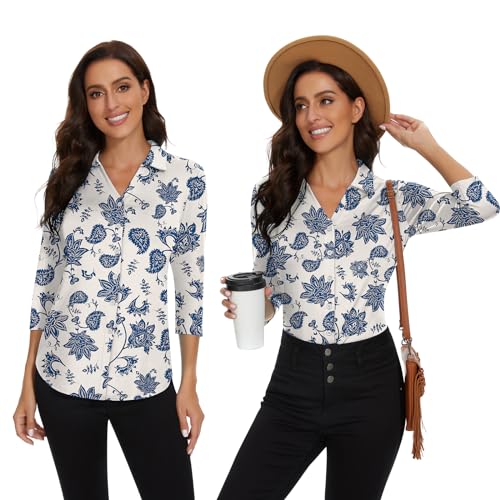 Image of Soneven Womens Golf Polo Shirts 3 /4 Long Sleeve V Neck Button Down Shirts Business Causal Work Blouses Tops