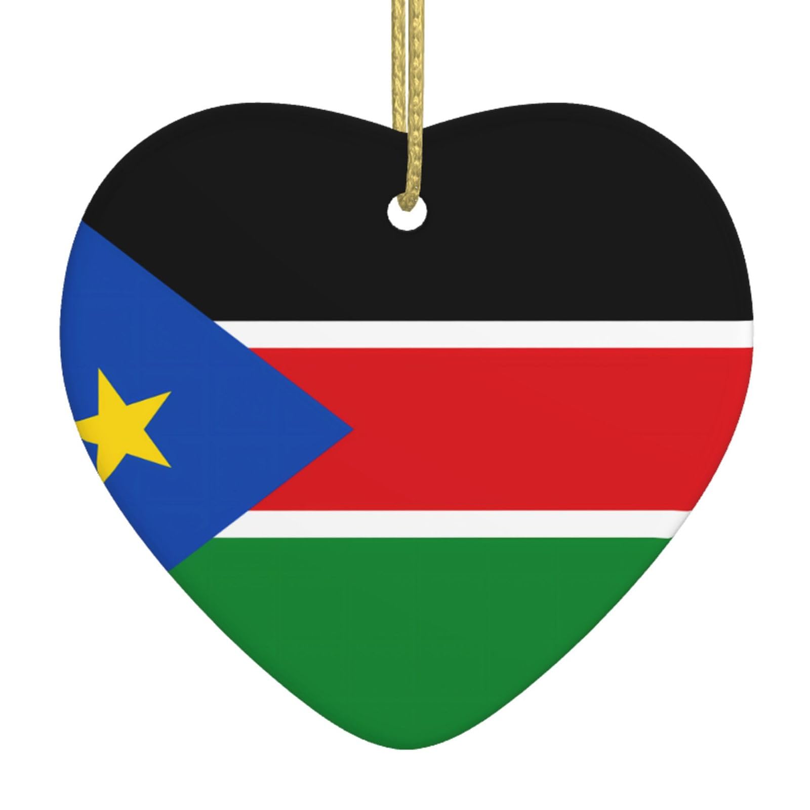 Flag of South Sudan Ceramic Christmas Heart Pendant with Silk Thread, Christmas Tree Home Decoration