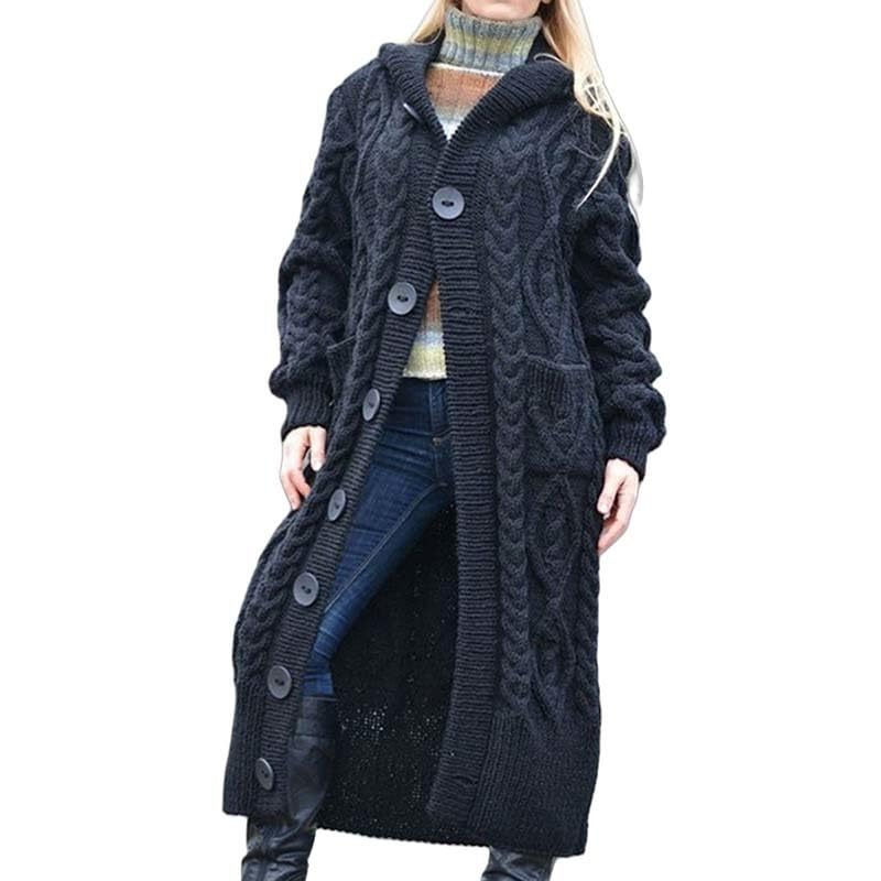 Womens Chunky Cable Knit Long Cardigan with Pockets Long Sleeve Loose Button Down Hooded Winter Sweater Duster Coat