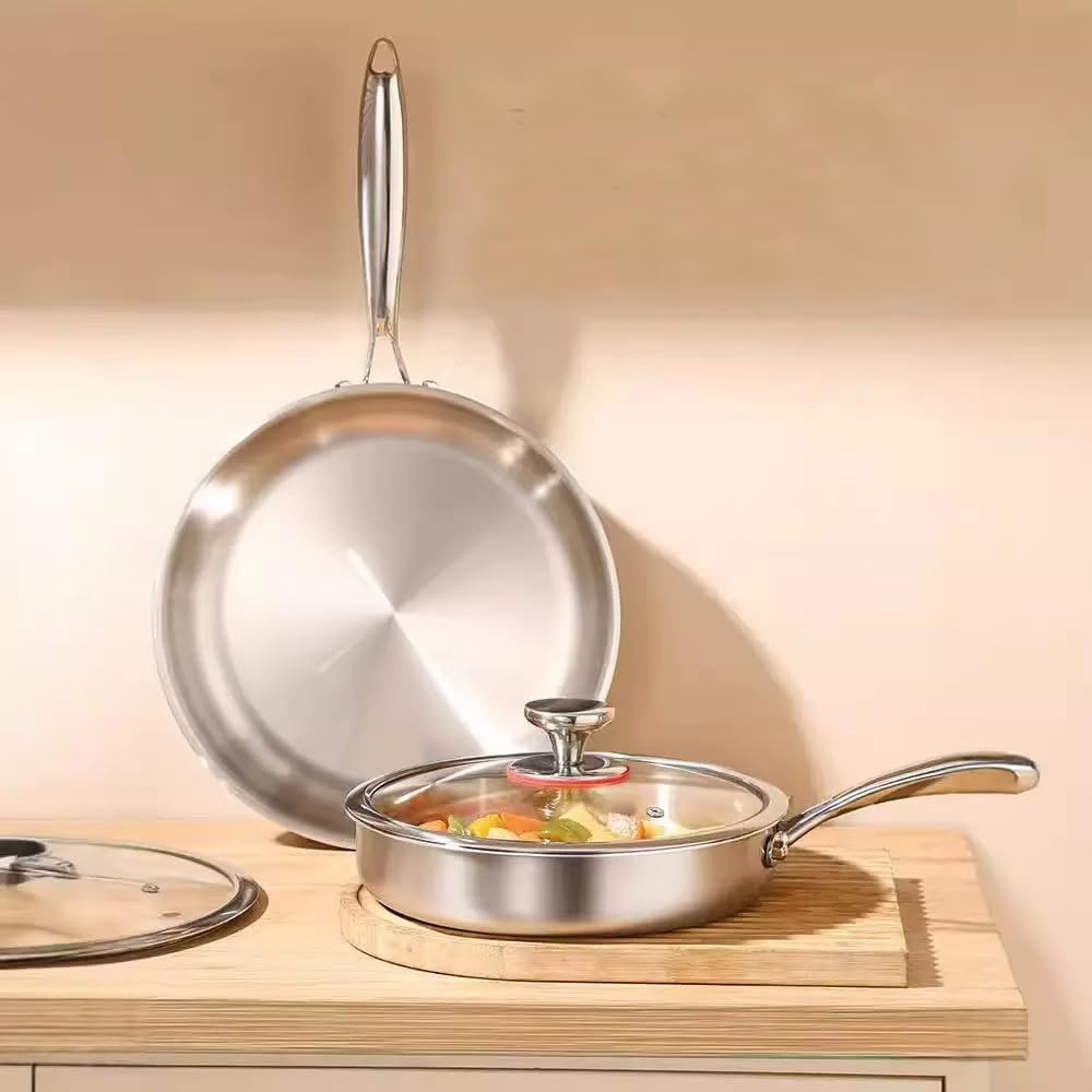 12 inch Stainless Steel 316 Frying Pan, Tri-Ply with Lid, Induction Cooking Pan, Dishwasher and Oven Safe, Fast & Even Heat (Pan with Lid 12 inch)