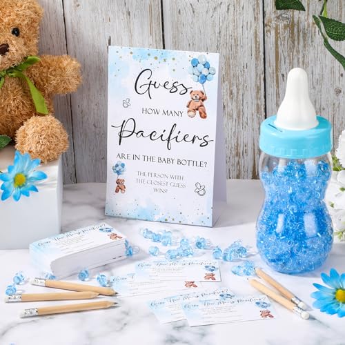 Image of Roowest 512 Pcs Baby Shower Games Guess How Many Pacifiers Sign 100 Small Guessing Games 10 HB Pencils 750ml Milk Bottle 400 Acrylic Pacifiers Decoration for Guest Gender Reveal(Blue,Bear)
