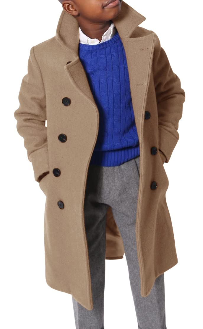 EbifinBoys Notch Lapel Double Breasted Long Trench Coat Casual Classic Peacoat