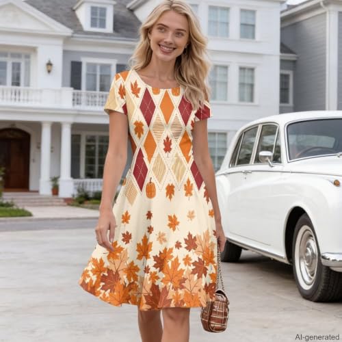 Image of HUGS IDEA Womens Puffy Swing Midi Dress Round Neck Short Sleeve Party A-Line Dresses