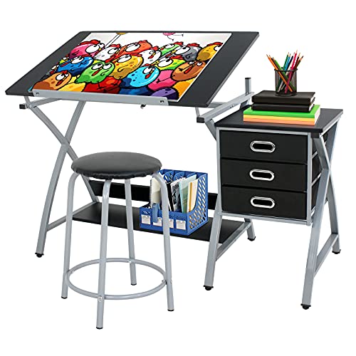 ZENY Juego de mesa de dibujo y taburete, mesa de dibujo inclinada, escritorio de dibujo con cajones, estación de trabajo para artistas, suministros para manualidades