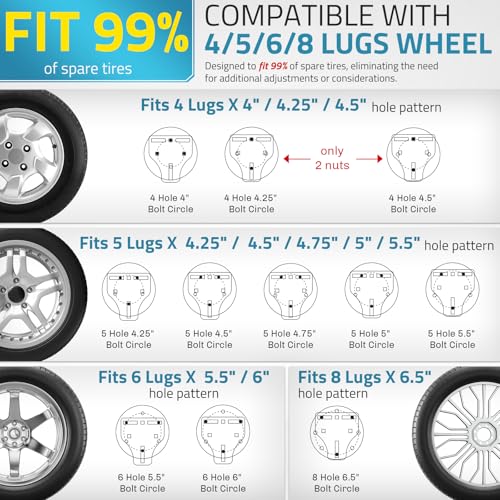 Image of PAULINN 3-Nuts Upgraded Trailer Spare Tire Mount w /Anti-Theft Rope, Fits 4 /5 /6 /8 Lugs Wheels on 4 inch, 4.5'', 4.75'', 5'', 5.5'' & 6'' Bolt Patterns Universal Spare Tire Carrier, 180 LBS