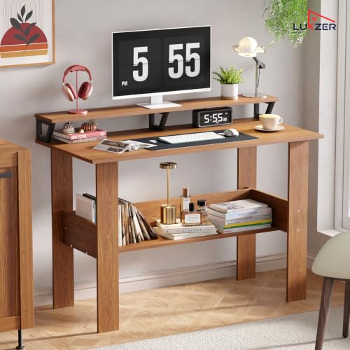 Image of Lukzer Study Table with Monitor Riser & Open Book Shelf (MST-004 /Oak Brown) Engineered Wood Computer Table for Laptop, PC & Home Office, DIY Office Desk with Storage Organizer Shelf (90 x 86 x 50cm)