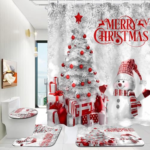 DDQQ 4 Pcs Merry Christmas Bathroom Shower Curtain Set with Rugs, Snowman Curtain with 12 Hooks, Non Slip Rugs, Toilet Lid Cover, U Toilet Mat for Xmas Bathroom Decor Accessories