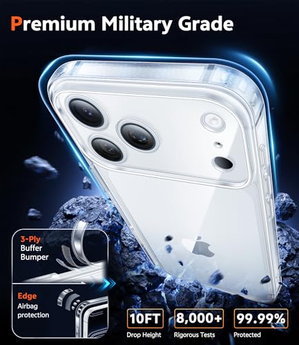 Image of FNTCASE for iPhone 17 Pro-Max Case: Clear Military Grade Drop Protection Anti Yellowing Cell Phone Cover - Rugged Shockproof Protective Bumper Transparent Phonecase