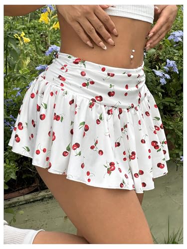 Verdusa Women's Cute Cherry Print Mini Skirt Ruched A Line Short Flowy Skirt4