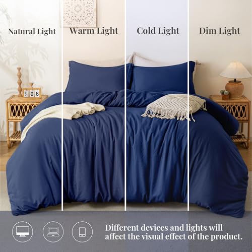 Image of MILDLY Duvet Cover Queen Ultra Soft Comforter Cover Set 3pcs, Navy Blue | Washed Microfiber Cotton-Like, Breathable Comfort, Hidden Zipper, Corner Ties, OEKO-TEX Certified, Fade Resistant