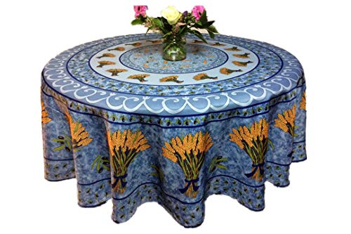 Promo Linge Nappe Tissu Ronde 180 cm - Anti Taches - Bouquet de Blé Bleu