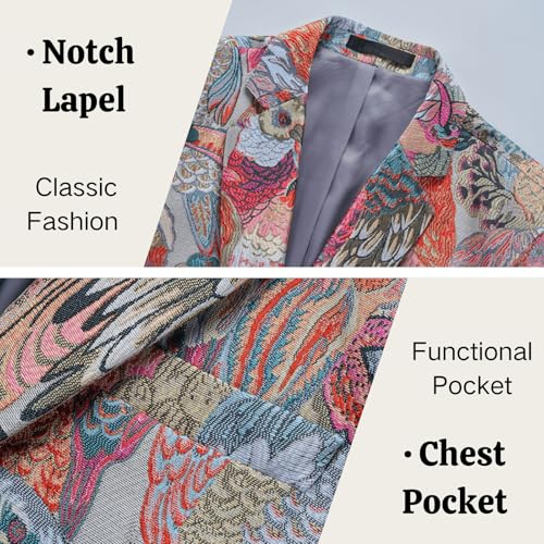 UNINUKOO Mens Blazer Printed Suit Jacket 1 Button Slim Fit Floral Dinner Sport Coat Blazers US Size 42 Gray Pink2