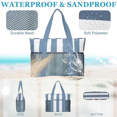 VASCHY Beach Bag for Women, Foldable Waterproof Sandproof Beach Tote with Zipper/Mesh Pockets for Vocation/Cruise/Gym/Travel3