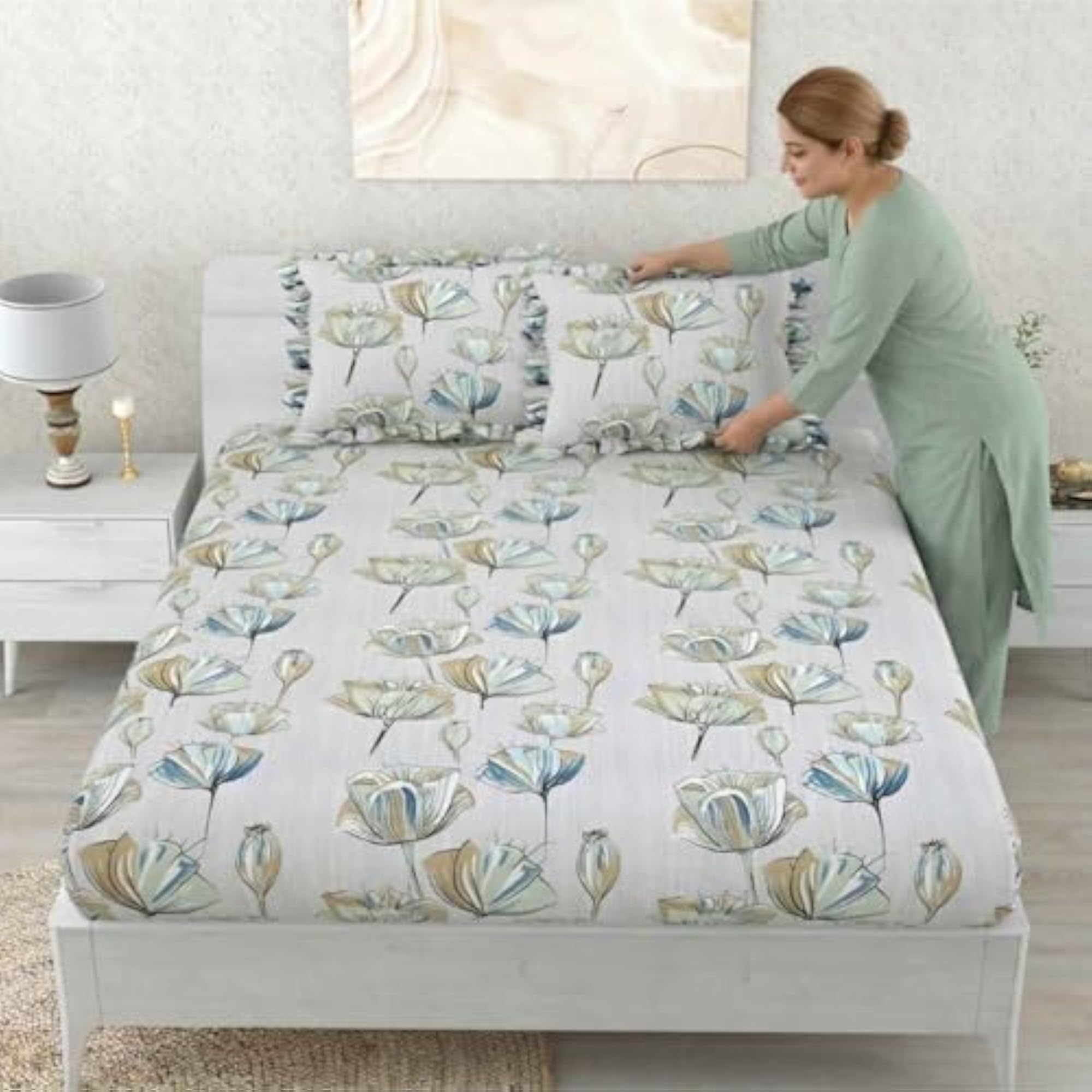 Polycotton Printed Fitted Bedsheet with Pillow Covers