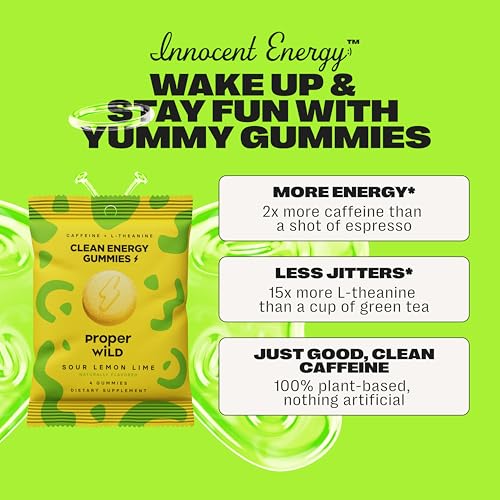 Image of Proper Wild Energy Chews & Gummies for Focus & Clean Energy, Vegan with L-Theanine & Organic Caffeine, Plant-Based, Gluten-Free, Non-GMO, Sour Lemon Lime (10-Pack) | Reduced Jitters, 100mg Natural Caffeine Gummies with L-Theanine, Plant-Based, No Artificial Sweeteners, Reduced Crash