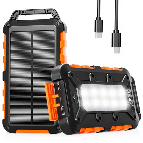 WOWMVP Cargador Solar 26800mAh, Power Bank Solar Batería Externa Portátil PD15W USB C Carga Rápida Impermeable 3 Salidas y 2 Entradas con Linterna LED para Moviles Tabletas Etc.(Naranja)