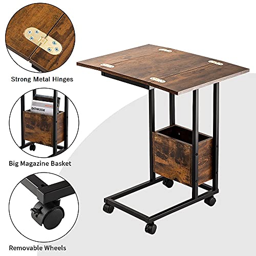 Hadulcet Sofa Side Table, Foldable End Table With Storage Basket, C Shaped Table With Wheels For Living Room Bedroom Small Spaces, Rustic Brown #TOP5