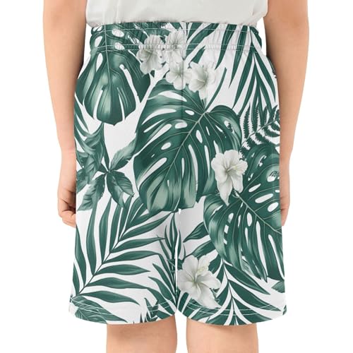 Lush Green Tropical Leaves White Toddler Boys Shorts Casual Cute Sport Shorts Elastic Waist Kids Boardshorts 7-83