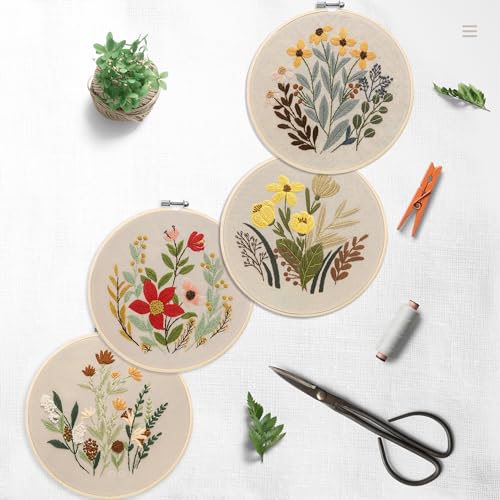 Image of Bonroy 4 Sets Embroidery Set for Beginners, Art Craft, Easy Sewing, Includes Embroidery Clothing, Pattern, Embroidery Hoop, Instruction Manual, Colorful Thread Stitch Set (11)