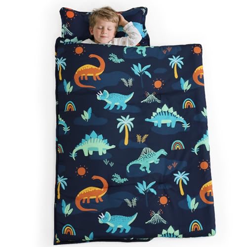 Image of PHF Soft Toddler Nap Mat with Removable Pillow, Rollup Design Kids Sleeping Mat, Slumber Bags for Boys, 55 inchx23 inch Toddler Sleeping Bag for Daycare Preschool Travel Camping, Large Navy Dinosaur