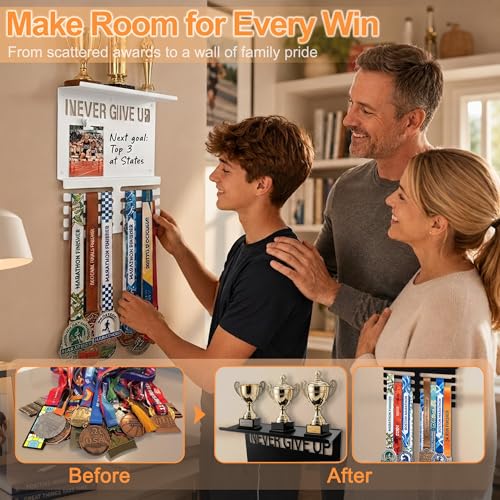 Image of Running Medal Hanger Display with Trophy Shelf, Never Give Up Race Medal Display with Photo or Race Bib Holder, Writable Goal Area, Wall Mounted, White