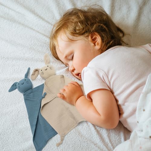 Image of 2 Pcs Set Organic Cotton Muslin Bunny Lovey Blanket, Soft & Breathable Baby Security Blanket, Ideal for Newborns (Khaki & Blue)