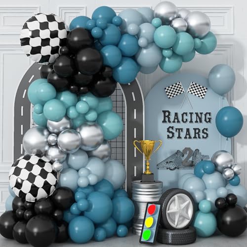 Image of Race Car Balloons Garland Arch Kit, Dusty Blue Balloons Green Black Balloon Pale Blue Metallic Silver Balloon Arch Kit with Checkered Foil Balloon for Car Fast Birthday Baby Shower Party Decorations