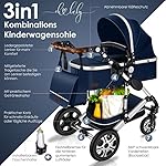 KESSER® Loops 3 in 1 Kinderwagen Kombikinderwagen komplettset incl. Babywanne & Buggy Sportsitz & Auto-Babyschale - Voll-Gummireifen - Wickeltasche/Regenschutz/Kindertisch Set, Blau/Silber