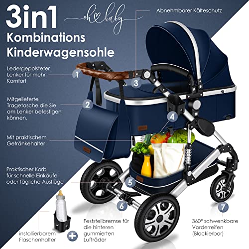 KESSER® Loops 3 in 1 Kinderwagen Kombikinderwagen komplettset incl. Babywanne & Buggy Sportsitz & Auto-Babyschale - Voll-Gummireifen - Wickeltasche/Regenschutz/Kindertisch Set, Blau/Silber