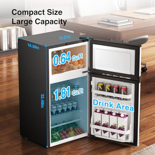 Image of Kismile 2.6Cu.Ft Mini Fridge with Freezer Compact Refrigerator Double Door | Mechanical Thermostat, Energy Saving Small Fridge with Removable Shelves&Interior Light, Quiet for Dorm Bedroom Office,Silver