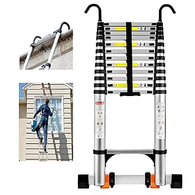 Wolec Telescoping Ladder, 17.5FT Aluminum Portable Extension Ladder w/Hooks, Stabilizers& Wheels, 330lbs Capacity, Collapsible Design, Outdoor & RV Friendly, Aluminum, Sturdy & Reliable, Silver