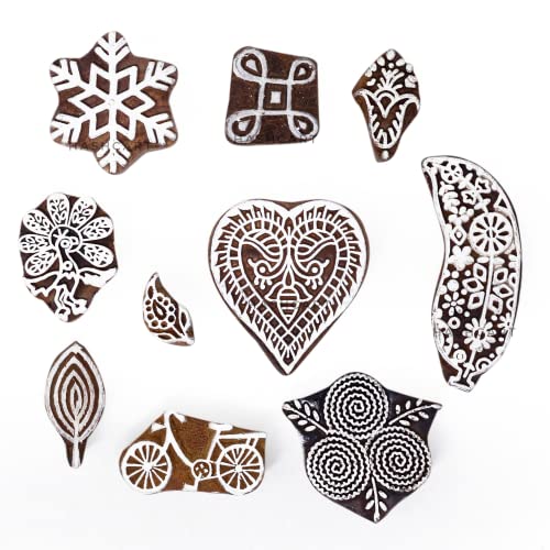 Image of Hashcart | Set of 10 | Wooden Multi Shape Design Stamps for Scrapbooking | Wooden Blocks for Project Designing | Henna | Clay | Pottery Craft | Tattoo