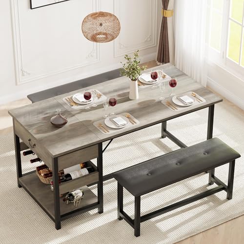 GarveeHome Dining Table Set for 4, Kitchen Dining Table Set with Upholstered Benches, Kitchen Dining Room Table with Storage Drawers & Wine Rack for Small Space-Retro Brown (Grey)
