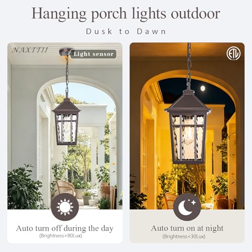 Image of Dusk to Dawn Outdoor Hanging Lantern Lights 15.2 Inch Large Porch Pendant Lights for House Doorway Aluminum Waterproof Outdoor Pendant Light with Water Ripple Glass E26 Socket