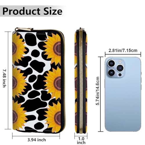 Image of Women's Wallets,Credit Card Holder Money Leather Long Wallet with Wristlet,Large Capacity with Zip-Around Phone Purse for Women Ladies Girls,Cow Print Sunflowers