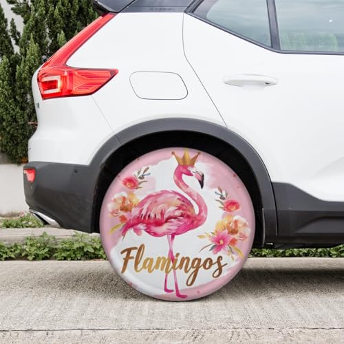 Image of Spare Tire Cover for RV Trailer, Flamingo Flower Tire Covers Universal Fit for Travel Trailer Camper Jeep RV SUV Truck Waterproof Wheel Cover (14 inch for Diameter 25 inch - 27 inch)