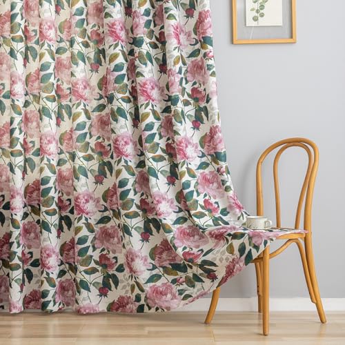 Image of ALIGOGO Floral Linen Patio Curtain for Sliding Door, Extra Wide Curtain 100 Inch for Glass Doors, Elegant Semi-Sheer Light Filtering Farmhouse Grommet Room Divider Drape 1 Panel, W100 x L90 Inch, Pink