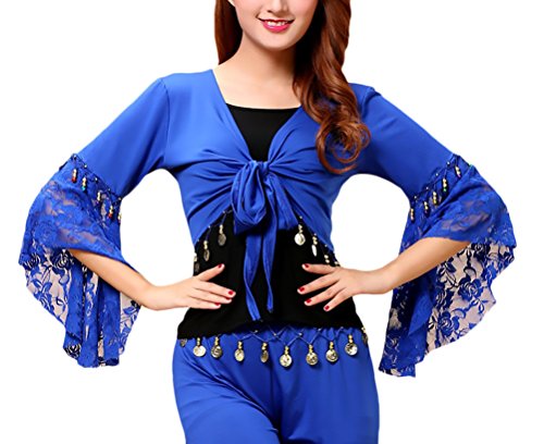 Bolero Damen Bauchtanz Kostüm Lateintanz Trompetenärmel Spitze Spleiß Mit Münz Top Umhang Oberteil Belly Dance Costumes Tanzkostüme Bekleidung Mädchen (Color : Navy Blue, Size : 2XL) Cover