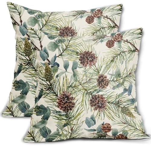 Winter Floral Pillow Covers 18x18 Inch Set of 2 , Green Watercolor Flower Leaf Print...