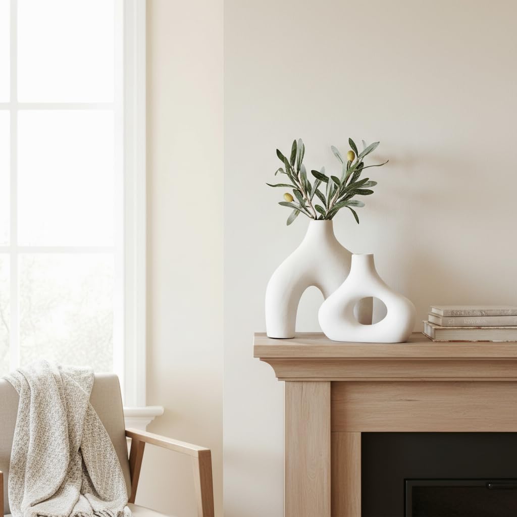 Carrot's Den Donut Vase, 2er Set - Minimalistischer nordischer Stil, weiße Keramikvase Dekor - Tischdekoration Hochzeit, Wohnzimmer, Bücherregal, Schlafzimmer, Büro, moderne Boho Wohnkultur (Warmweiß)