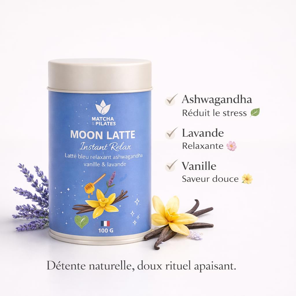 Matcha & Pilates Moon Latte Relax – Latte Bleu à l’Ashwagandha – Vanille & Lavande – Boisson Bien-Être Sans Caféine – 100 g