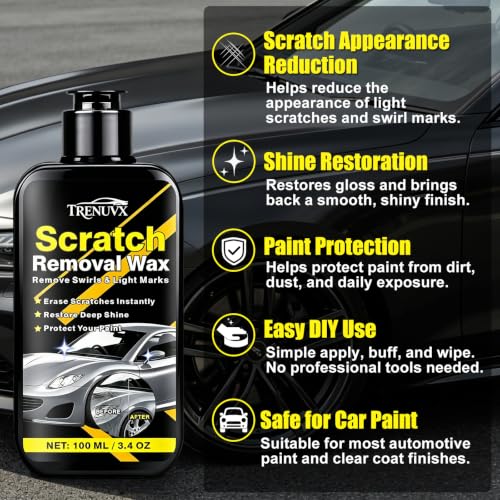 Image of Car Scratch Remover, Scratch Remover for Vehicles, Scratch Removal Wax, Car Paint Scratch Repair, Helps Reduce Minor Scratches and Swirl Marks, Restores Gloss and Shine, 3.4 fl oz /100ml