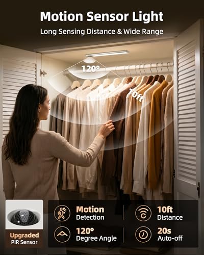 Image of EZVALO 12-inch Under Cabinet Lighting, 3200mAh Rechargeable Motion Sensor Light Indoor, with Dimmable & 3 Color Temps, Magnetic Closet Lights, Wireless Under Counter Lights for Kitchen, Stairs(4-Pack)