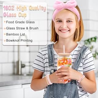 Regali per Ragazze Adolescenti di 8 9 10 11 12 13 14 15 anni, Regalo di Compleanno Pasqua per Ragazza Dagli 8 ai 15 Anni, Tazza di Vetro con Coperchio e Cannuccia, Tazza da Caffè con Stampa Fiocco