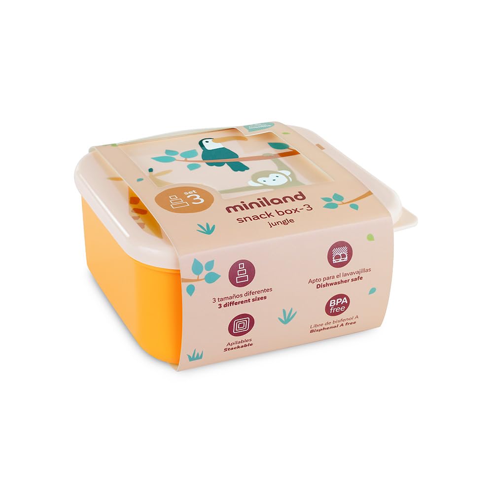 Miniland Set 3 Contenitori per Alimenti per Bambini, Scatole Pranzo Impilabili, Lavabili in Lavastoviglie, Senza BPA