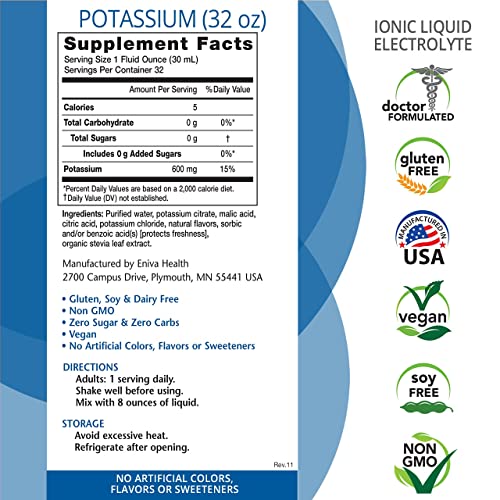 Eniva Health - Liquid Ionic Potassium Supplement for Electrolyte Replacement and Metabolic Support | 600 MG | Gluten-Free, Sugar-Free and Keto-Friendly | Dietary Supplement (32oz) - 32 Servings - Image 3