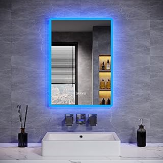 ELEGANT Backlit Bluetooth Bathroom Mirrors with Shaver Socket, 500 x 700 mm Illuminated Wall Mounted Bathroom Vanity Mirror with LED Lights and Demister Pad, Blue Atmosphere Light LED Smart Mirrors